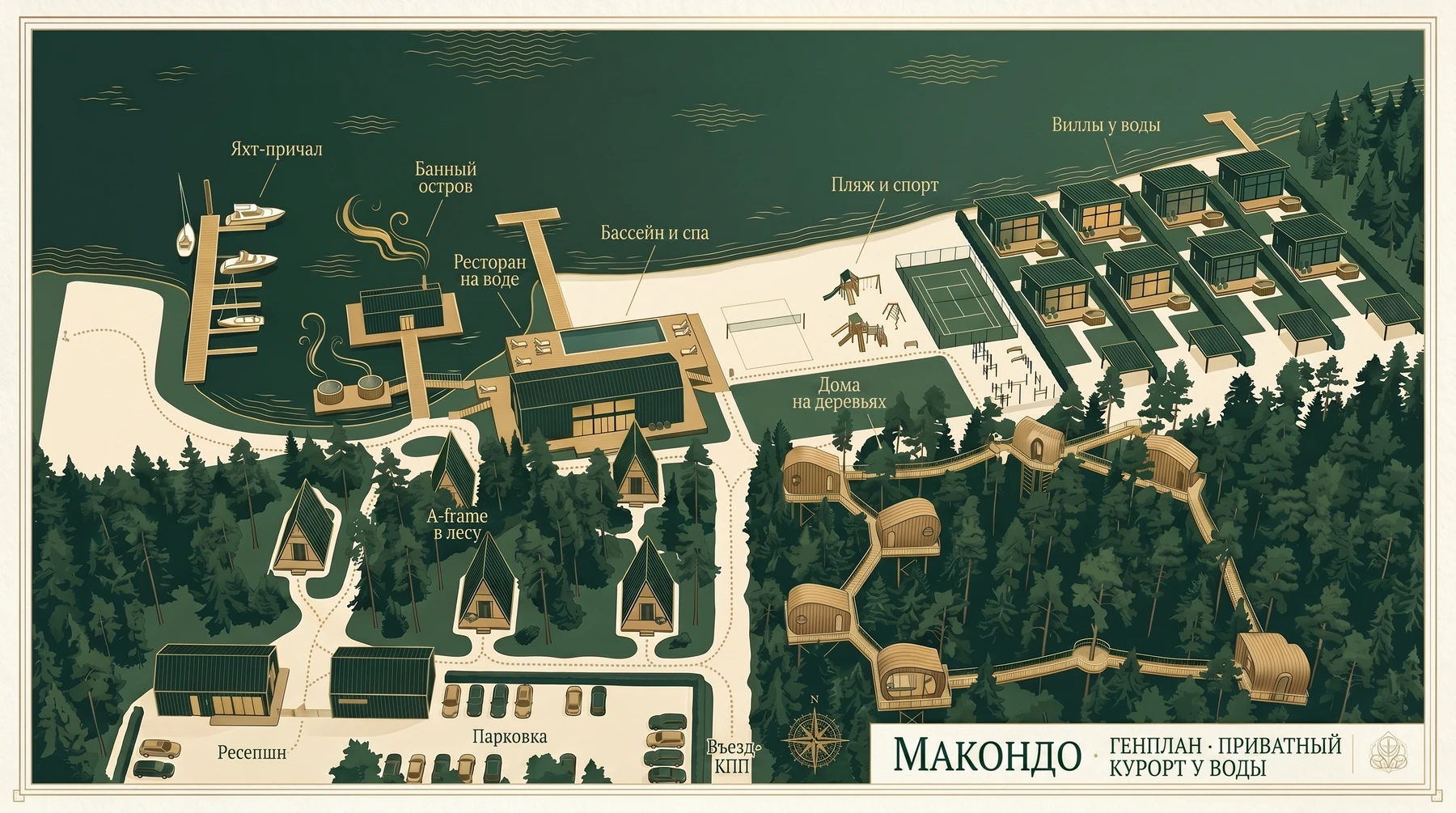 Дизайнерский генплан курорта МАКОНДО — виллы, дома на деревьях, A-frame, банный остров, ресторан над водой